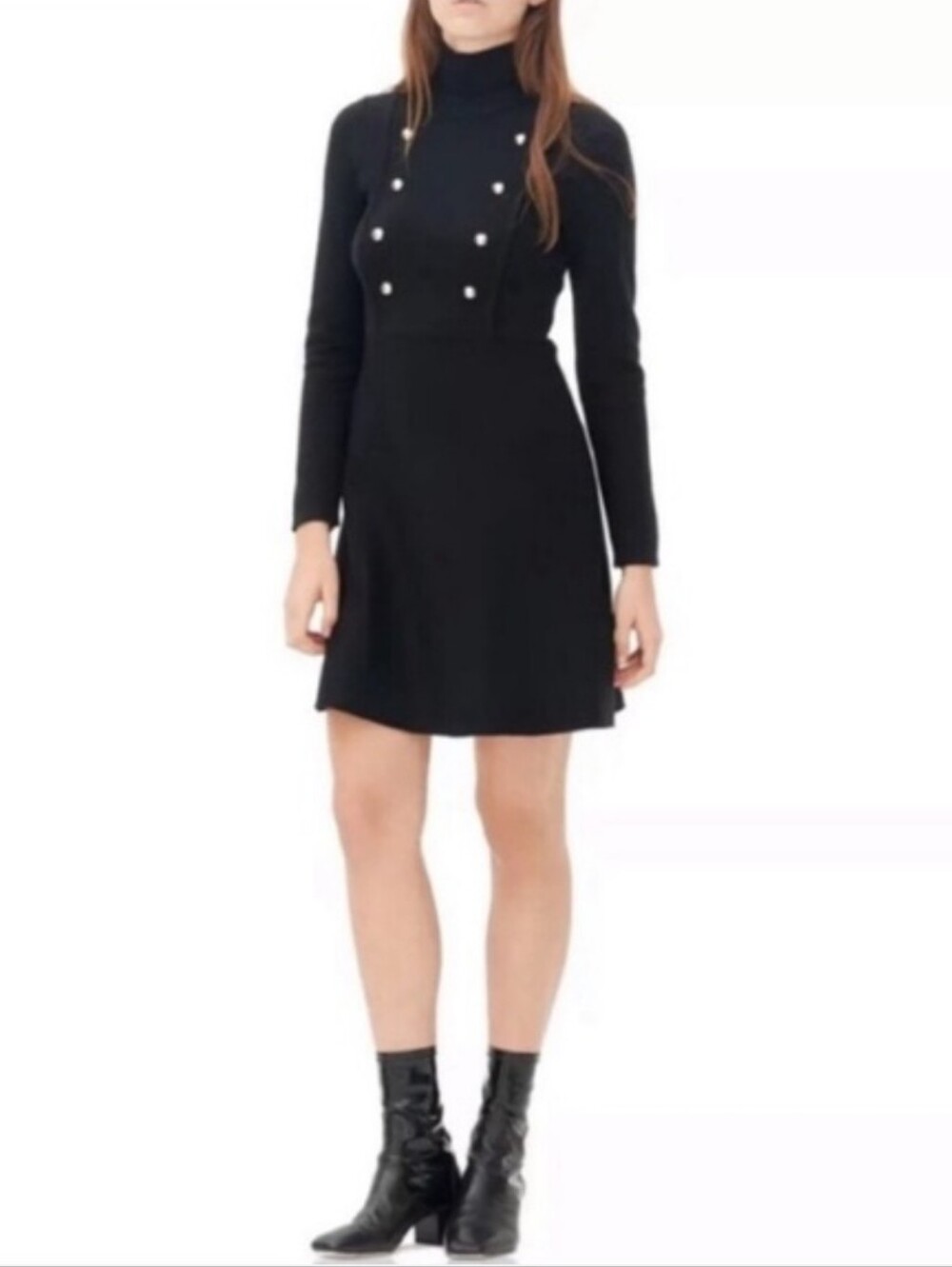 Sandro Military Button Knit Sweater Dress Mockneck